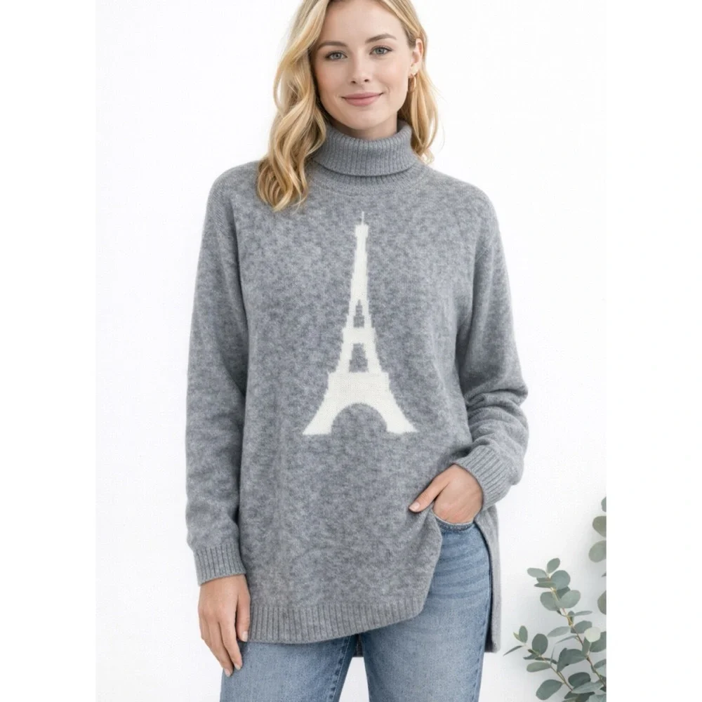 cupcakes & cashmere Gray Eiffel Tower Turtleneck Sweater